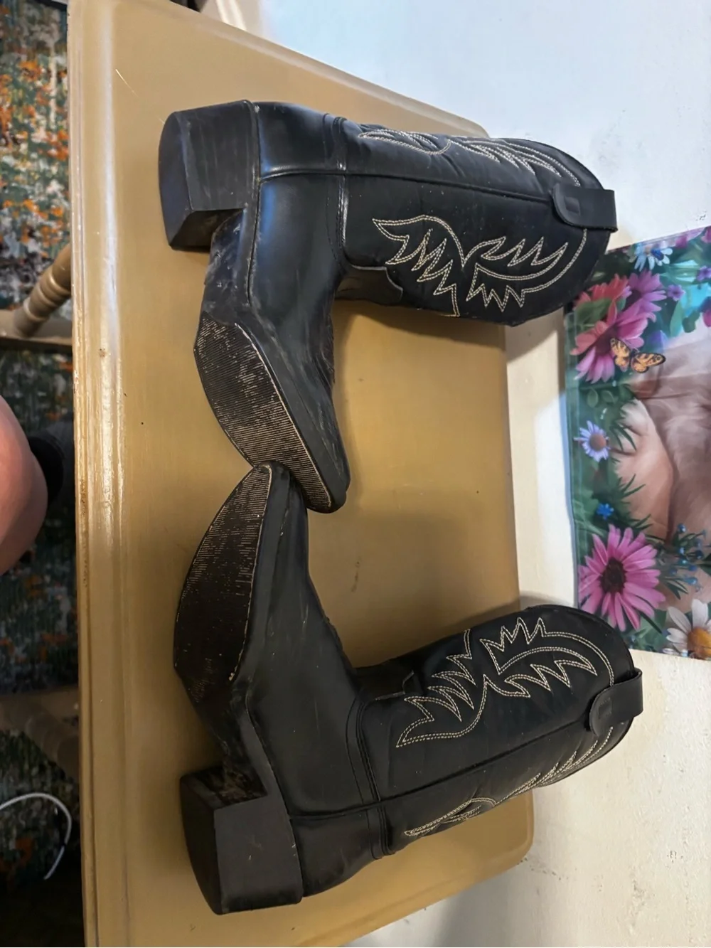 Classic Black Western Cowboy Boots with Silver Stitching